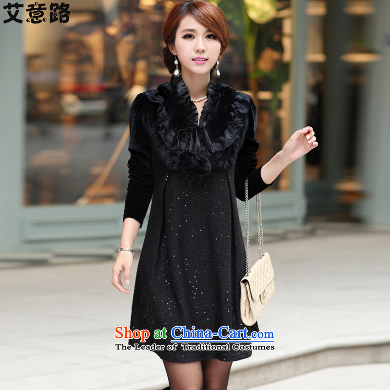 2015 Autumn to HIV-load new larger female rabbit hair shiny cards for long-sleeved video thin dressesXXXL 1800 Black