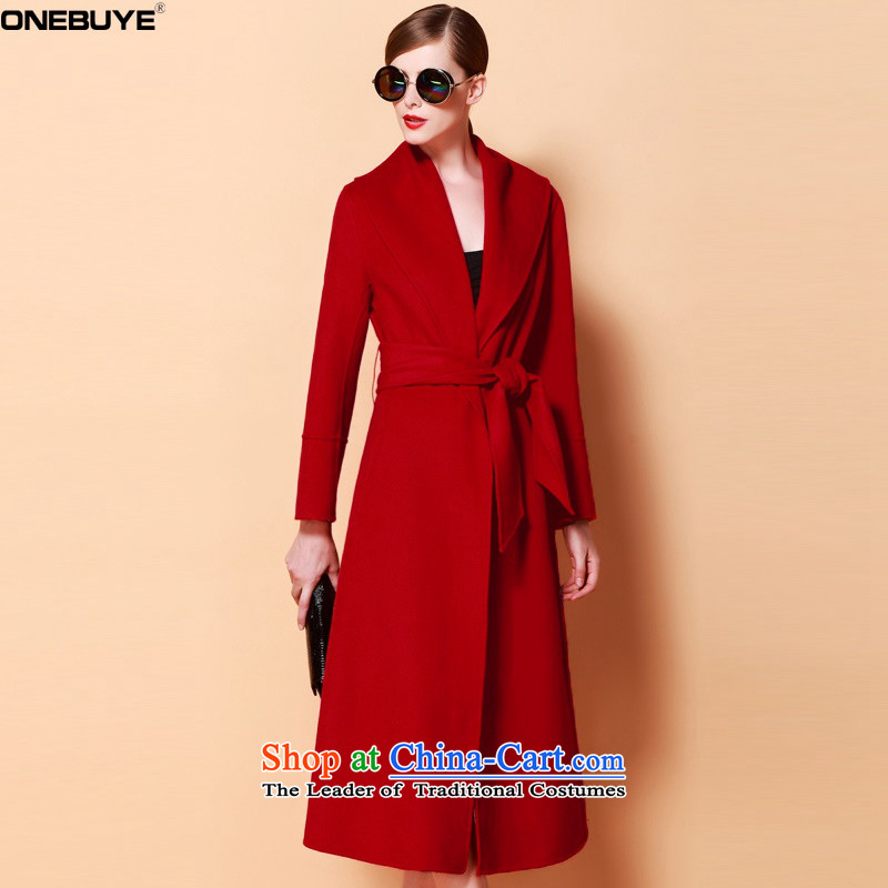 ?Sau San Solid Color International ONEBUYE fan belt with long-sleeved collars in long double-sided woolen coat jacket female RED?M