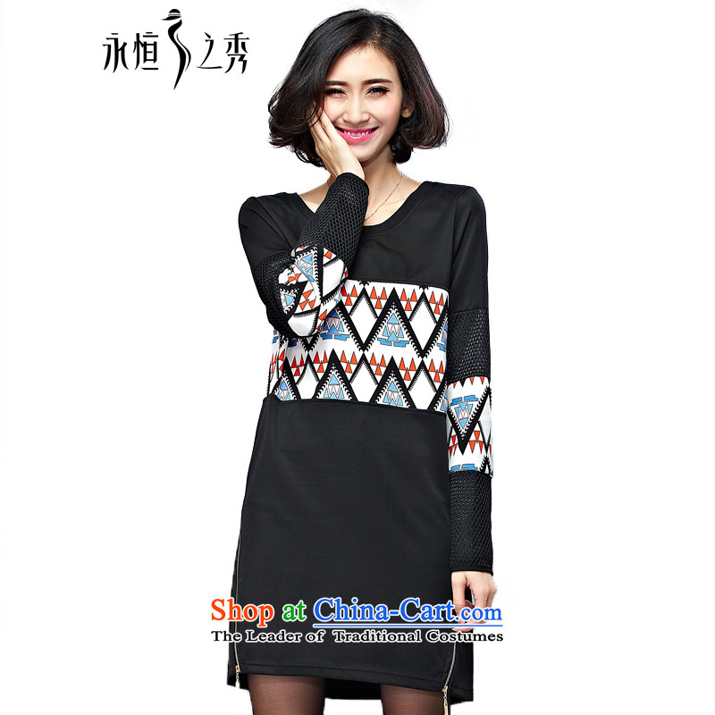 The Eternal-soo to xl women's dresses thick sister 2015 Autumn replacing new products thick mm thick people Korean Stamp Pack and graphics in the thin long black skirt 3XL T-Shirt