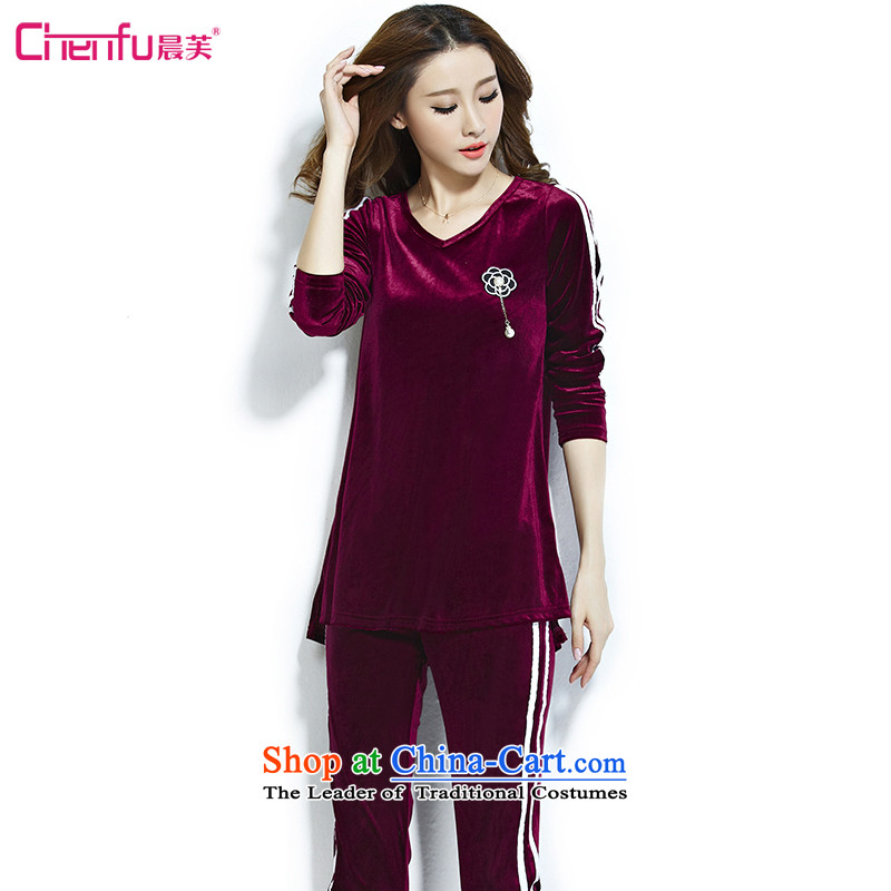 Morning to the new 2015 MM thick Sports _ Leisure package female velvet sportswear larger female sweater pants and two plus kit cool wine red 4XL_ RECOMMENDATIONS 150 - 160131 catties_