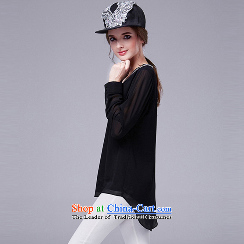 The Ni dream new) Autumn 2015 Europe 200 catties to increase women's temperament nails Code V-neck in the Pearl River Delta chiffon shirt long-sleeved T-shirt, forming the Netherlands s1016 XXL, Black, Connie Dream , , , shopping on the Internet