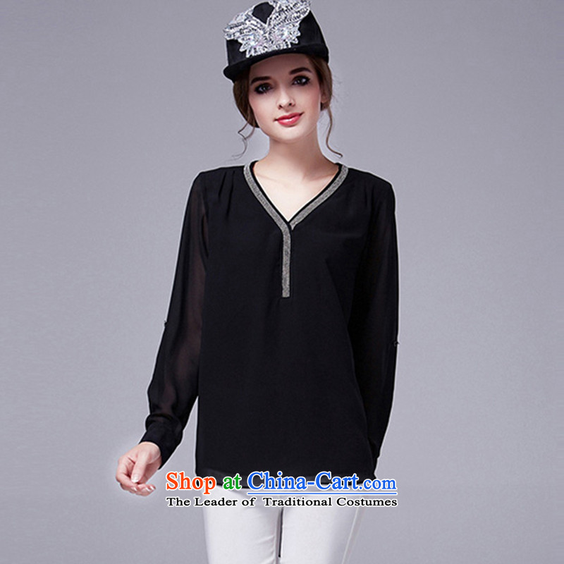 The Ni dream new) Autumn 2015 Europe 200 catties to increase women's temperament nails Code V-neck in the Pearl River Delta chiffon shirt long-sleeved T-shirt, forming the Netherlands s1016 XXL, Black, Connie Dream , , , shopping on the Internet