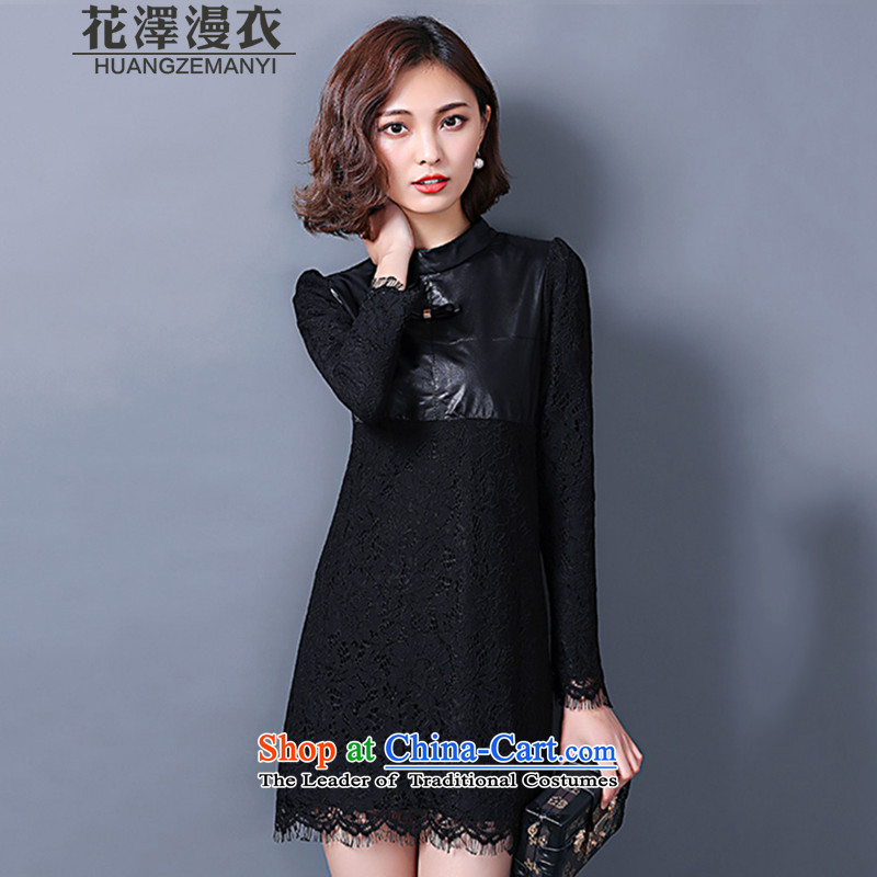 Flower-taek diffuse Yi Code women 2015 Autumn and Winter Female plus extra thick leather garments women lint-free video thin lace forming the relaxd long-sleeved dresses H8685 autumn and winter  flower-taek M Black Man Yi (HZMY) , , , shopping on the Internet