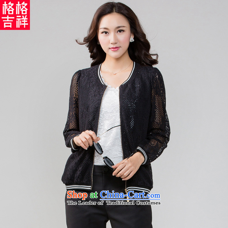 The interpolator auspicious?2015 to increase the number of women in the autumn of Korean New thick mm video thin leisure movement engraving lace long-sleeved jacket K5595 black?4XL