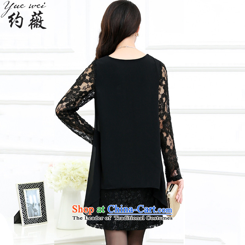 Ms Audrey EU approximately 2015 autumn large code women loose video thin long-sleeved lace stitching forming the chiffon dresses YW381  5XL, Black Ms Audrey EU has been pressed about shopping on the Internet