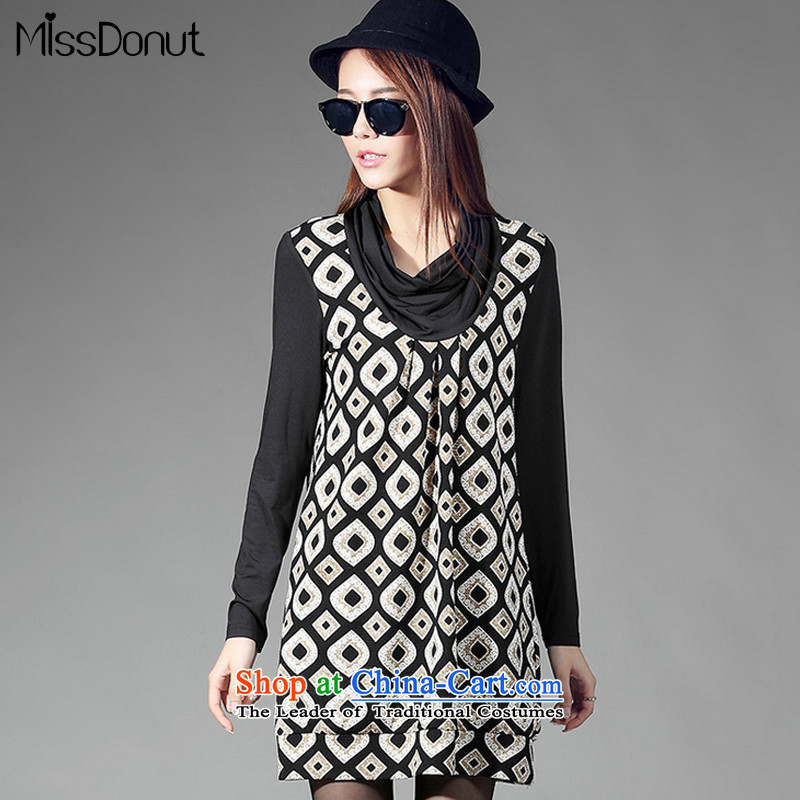 Missdonut2015 autumn and winter new extra knitting dress thick girls' Graphics thin, Korean fake two part stack for a black skirt stamp larger XL
