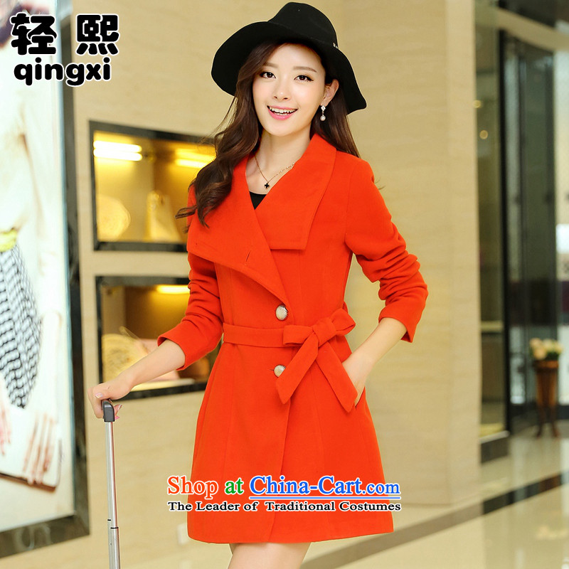 Light-hee 2015 new winter clothing gross overcoats girl Won? Edition long belt roll collar orange?M