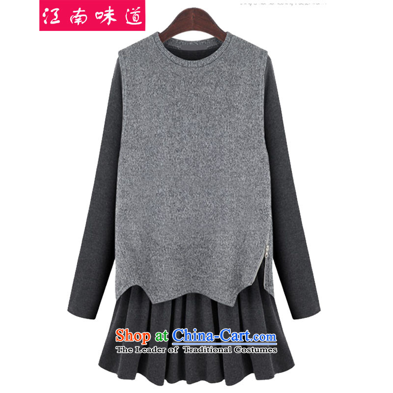 Gangnam-gu  2015 autumn and winter Europe and taste of larger female thick MM larger stylish graphics thin two kits dresses long-sleeved gray vest two blouses dark gray vest + black skirt XXL recommendations 120-140, Gangnam taste shopping on the Internet