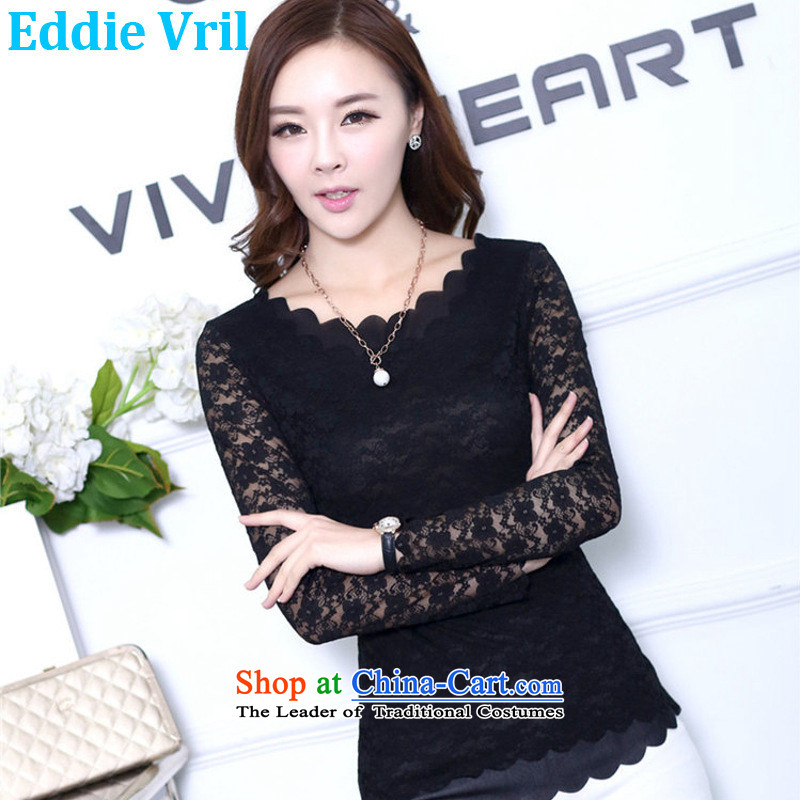  The new Korean eddievril larger female thick mm200 catty Sau San long-sleeved T-shirt lace female thick solid thin shirt graphics sister large black XXL(135-165 ),eddie catty vril,,, shopping on the Internet