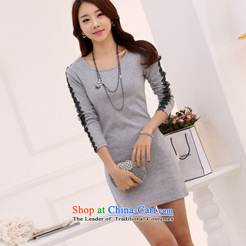 Create the  2015 autumn billion new Korean version of large numbers of ladies wear skirts video thin lace round-neck collar lace casual dress light gray S