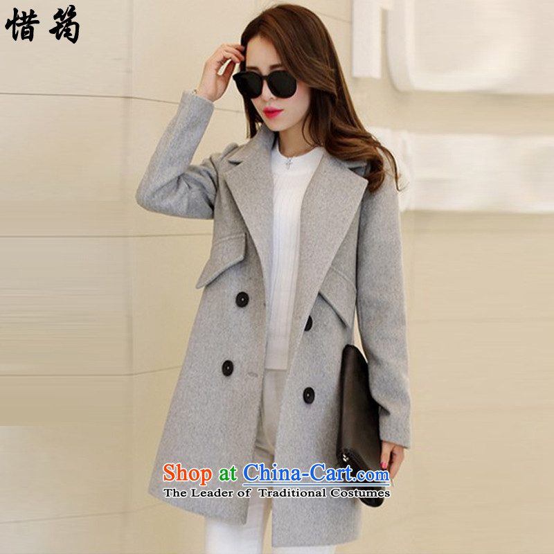 Teresa Mo?2015 autumn and winter deplored the new Korean version of Sau San OL temperament gross girls jacket? Long a wool coat X0528 Gray?L
