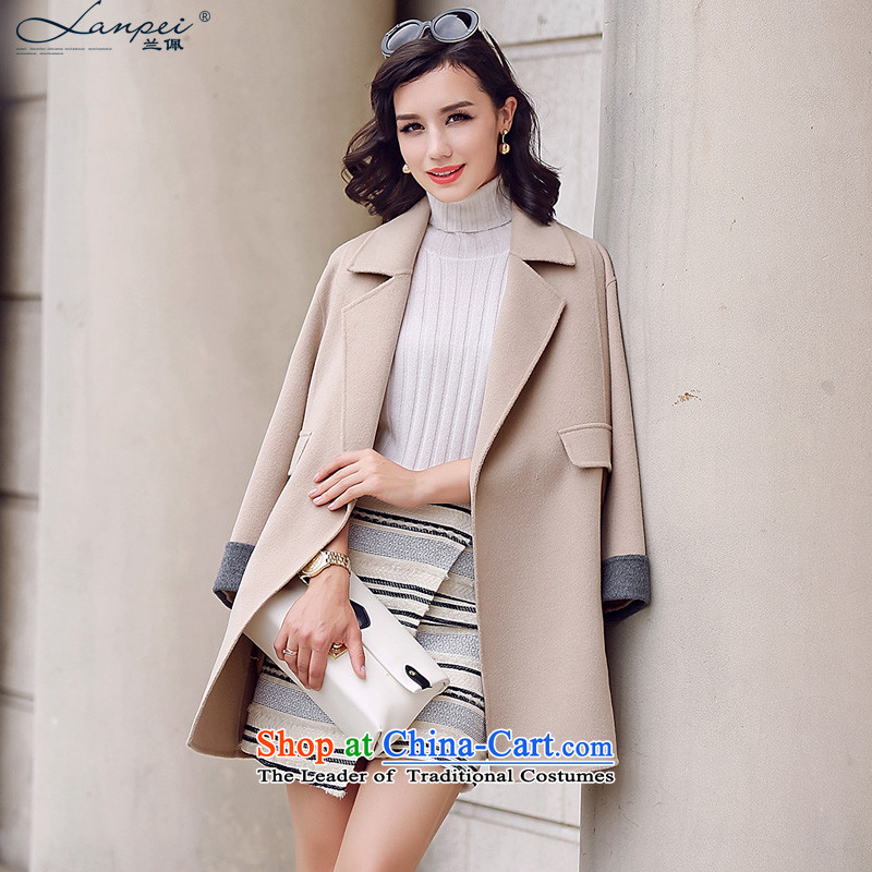 Ho Pui 2015 new woolen coat female double-side jacket in long long-sleeved thin graphics Sau San-sided flannel woolen coat beigeL