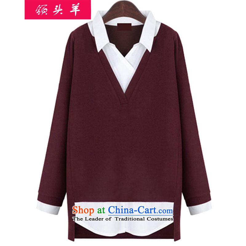 Leader in the autumn and winter, Korean version of large numbers of ladies thick MM to intensify the false two long-sleeved knit shirts leisure video thin andwine red3XL 319 recommendations 140-160 characters catty
