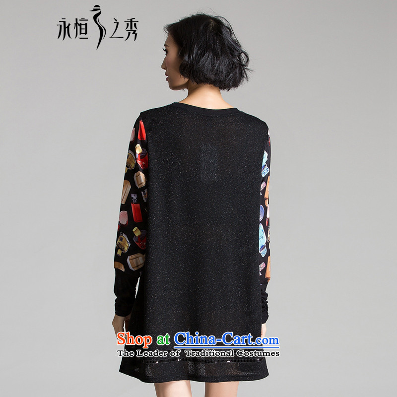 The Eternal Soo-XL women's dresses 2015 mm thick sister autumn new Korean fashion, stamp thick to intensify the graphics are thin, dresses long-sleeved black 3XL, eternal Soo , , , shopping on the Internet