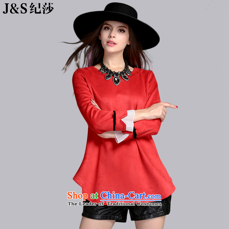 The autumn 2015 Elizabeth discipline new Ruili larger female to xl T-shirt with round collar stylish mm thick chamois leather stitching short shirts PQ8018- Red 2XL