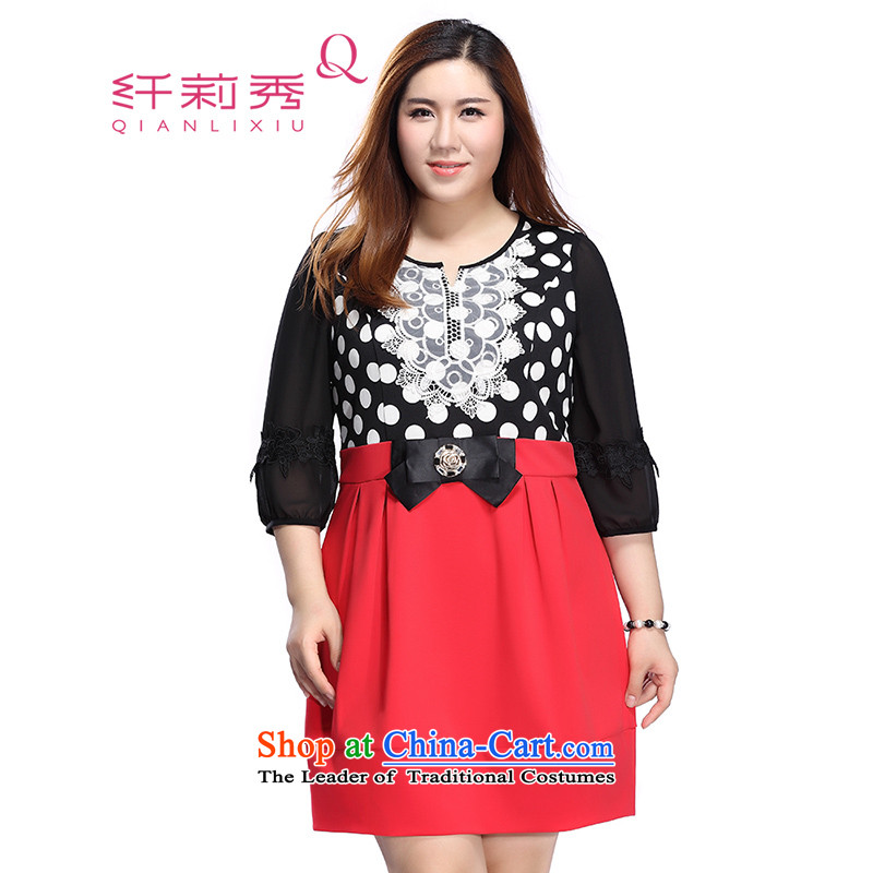 The former Yugoslavia Li Sau 2015 autumn large new boxed women wave point round-neck collar lace Foutune of twine bow knot video thin dresses?5XL 0087 Red