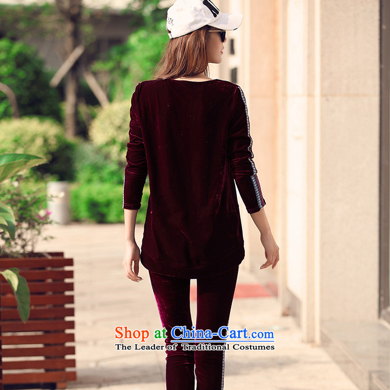 Morning to 2015 autumn and winter new Korean version of Fat MM leisure velvet kit for larger female loose video thin sweater pants and two extra piece wine red 4XL RECOMMENDATIONS 150 - 160131, morning to , , , shopping on the Internet