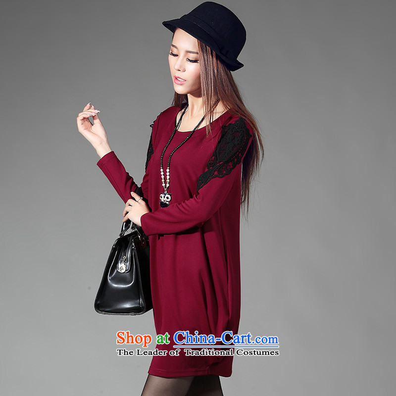 For M-XL female thick mm thin 2015 autumn and winter video new lace stitching light hovering over-forming the long-sleeved dresses W2075 3XL, wine red collar m-shopping on the Internet has been pressed.