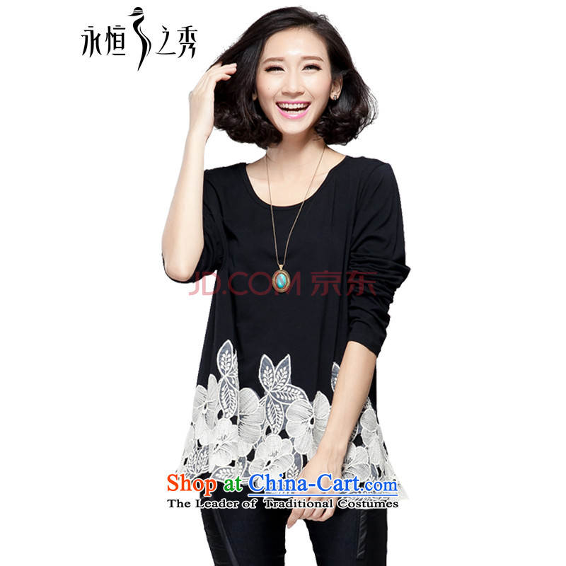 The Eternal-soo to xl t-shirts autumn 2015 new products thick mm sister Korean citizenry Sau San, Hin thick thin embroidery long-sleeved T-shirt, black T-shirt3XL_145 catty -165 catty through_
