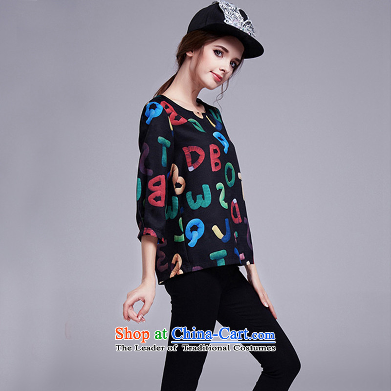 Elizabeth 2015 Europe 200 Ji Jin larger women with new fall of 7 mm thick-sleeved T-shirt letters forming the chiffon Ms. stamp shirt SN1021 black 2XL, discipline Windsor shopping on the Internet has been pressed.