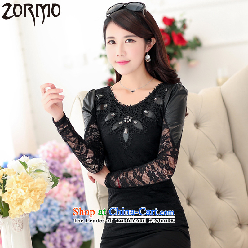  Large ZORMO female autumn and winter to XL PU stitching forming the Netherlands round-neck collar pin long-sleeved shirt pearl lace 5XL black