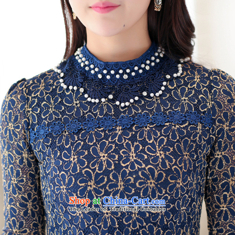 Morning to new autumn 2015 installed to increase the number of women with lace Mock-Neck Shirt Sau San video thin solid long-sleeved shirt, forming the pearl of the nails t-shirt blue 5XL recommended that morning that weighs 160-170 , , , shopping on the Internet