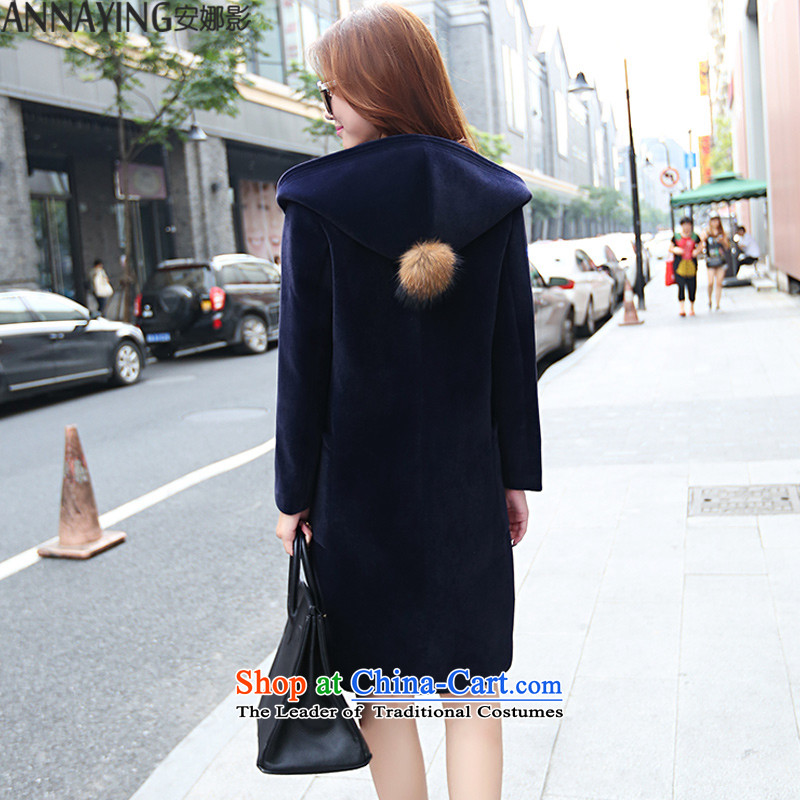 Anna shadow autumn and winter 2015 new for women Korean Wind Jacket gross? The Girl in long loose solid color cap cashmere cloak large code a navy blue, XL, Anna (ANNAYING) , , , shopping on the Internet