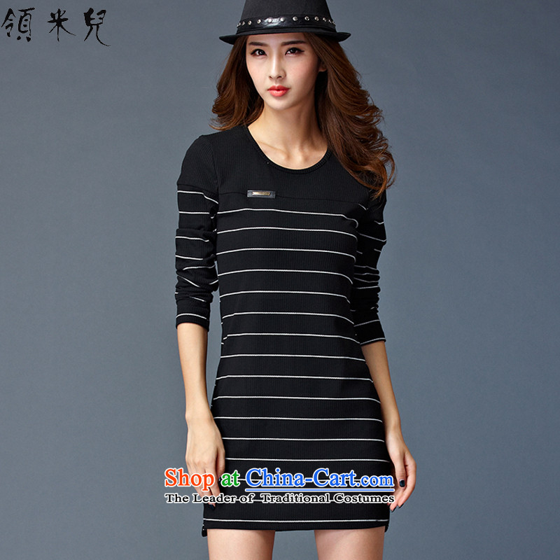 For M-?2015 XL women with new expertise autumn mm video thin stylish wild streaks stitching long-sleeved dresses and forming the skirt W2088 package black Pinstripe?3XL