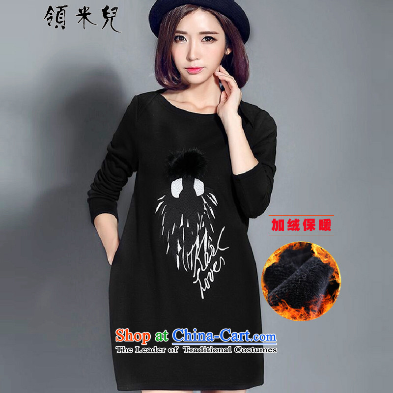 For M- 2015 XL female autumn and winter new stylish wild thick mm thin large relaxd graphics plus lint-free long-sleeved dresses W2082 3XL black