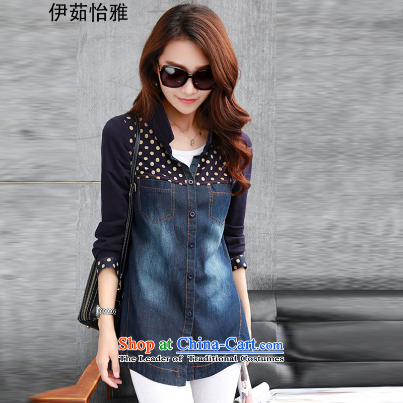 El-ju 2015 Autumn Yee Nga new long-sleeved_ larger female stitching cowboy shirt YY68283 navy blue XXL