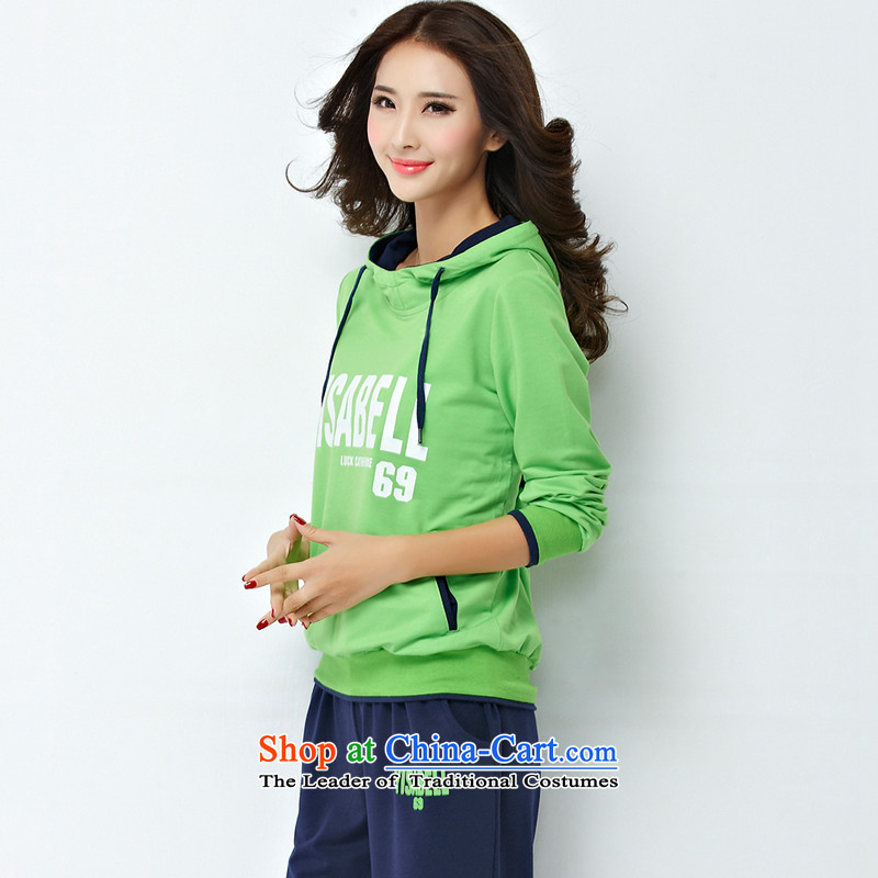 For M- 2015 to increase the number of women in the autumn of Korean New fat mm very casual with cap sweater kit shirt pants two kits 1274 Fluorescent Green blue packaged 3XL, knocked for M-shopping on the Internet has been pressed.