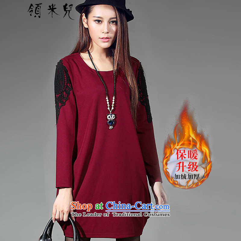 For M-?2015 XL women Fall_Winter Collections new thick mm video thin lace stitching the lint-free long-sleeved forming the thick dresses W2099?3XL wine red