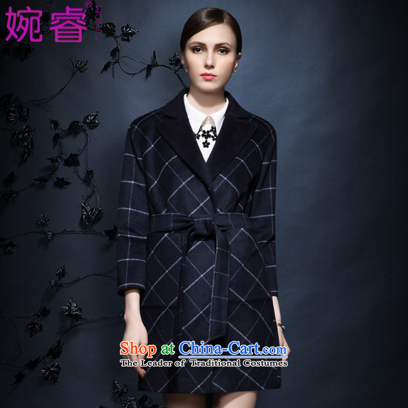 Yuen-core women2015 winter clothing newOL temperament of 7 in the grid cuff long wool overcoats female possession? blue XL