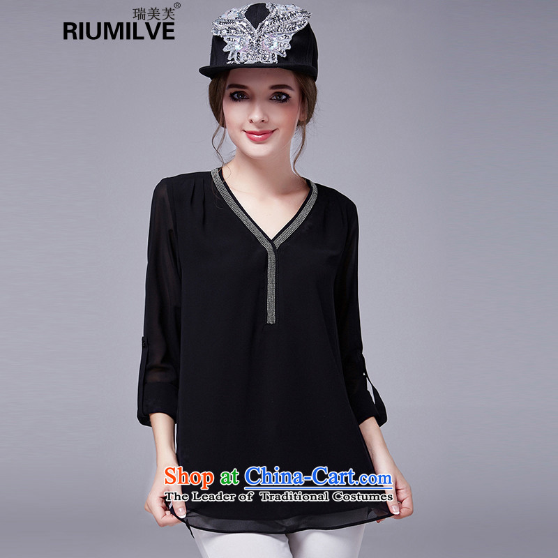 Rui Mei tolarge 2015 women with new expertise autumn mm to xl V-neck, forming the long-sleeved T-shirt chiffon shirt N10163XL black