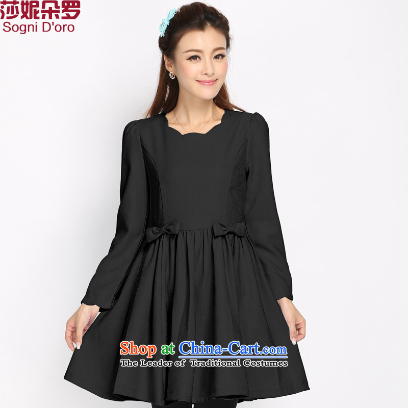 Shani flower lo xl female thick mm autumn and winter new temperament bow tie like Susy Nagle Sau San long-sleeved skirt the calculation of black4XL