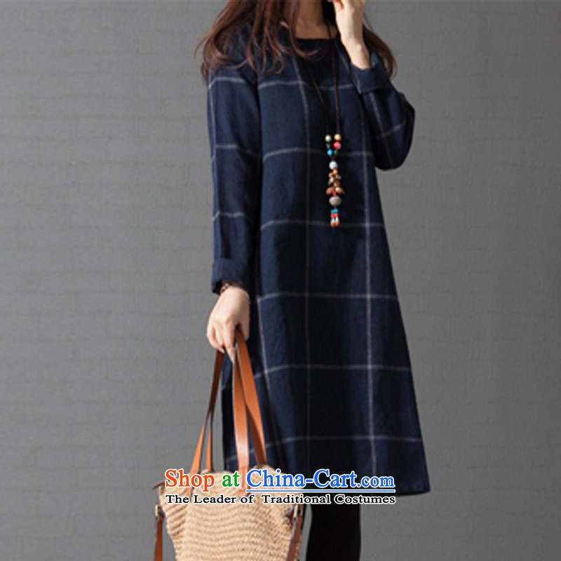 Create the  2015 autumn billion new Korean version of large numbers of ladies loose video thin temperament long-sleeved grid cotton linen dresses blue XXL, billion gymnastics shopping on the Internet has been pressed.