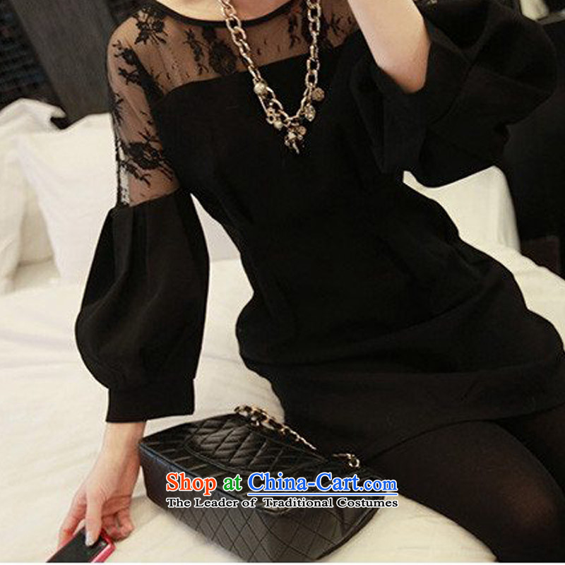Create the  2015 autumn billion new Korean version of large numbers of ladies loose video thin wild lace stitching sexy nightclubs dresses black XXL, billion gymnastics shopping on the Internet has been pressed.