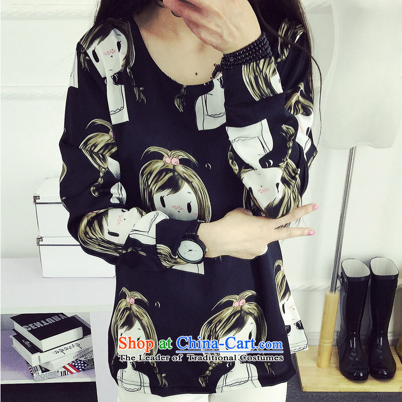 Create the 2015 autumn billion new Korean version of large numbers of female 200mm thick loose video catty thin long-sleeved T-shirt black T-shirt stampXXXXL