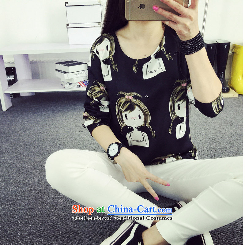 Create the  2015 autumn billion new Korean version of large numbers of female 200mm thick loose video catty thin long-sleeved T-shirt black T-shirt stamp XXXXL, billion gymnastics shopping on the Internet has been pressed.