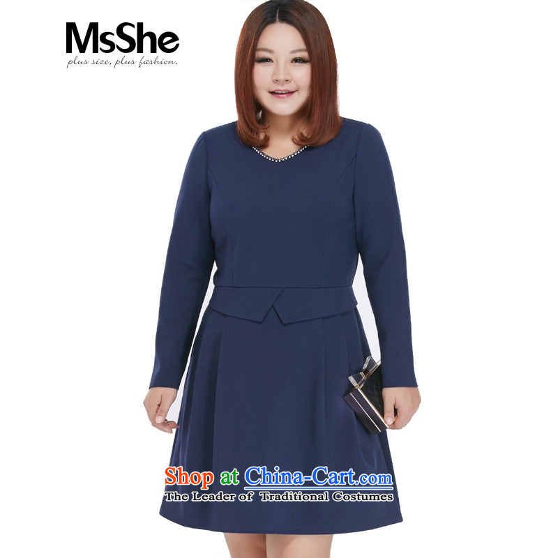 Msshe xl women 2015 new fall thick MMA swing nails with Pearl River Delta V-Neck long-sleeved dresses video thin 10,547 pre-1991 Ethiopian Blue 4XL