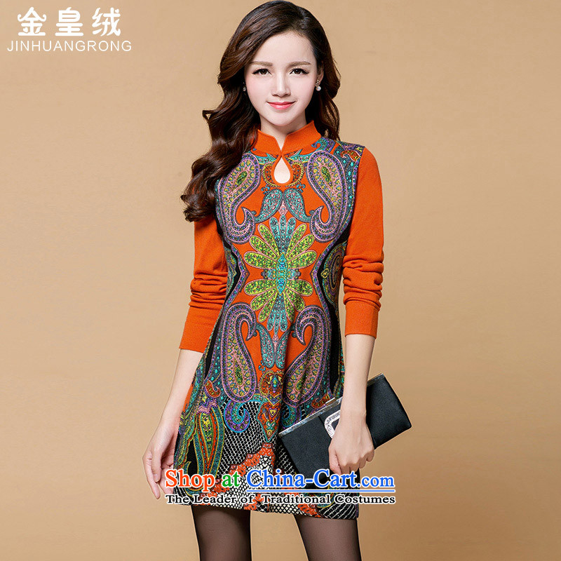 Jinhuang lint-free fall 2015 knitted dresses improved wool stamp qipao long Korean in large red sweater code XXXL, Jinhuang wool (jinhuangrong) , , , shopping on the Internet
