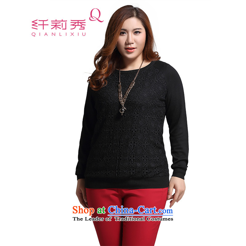 The former Yugoslavia Li Sau 2015 autumn large new mount female simple round-neck collar engraving lace stitching wild video thin kit and sweaters 0617 Black?4XL