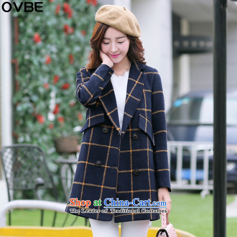 The Korean version of the 2015 autumn OVBE winter clothing New England, Sau San latticed lapel coats and stylish look like this gross in long jacket, blue of the femaleL
