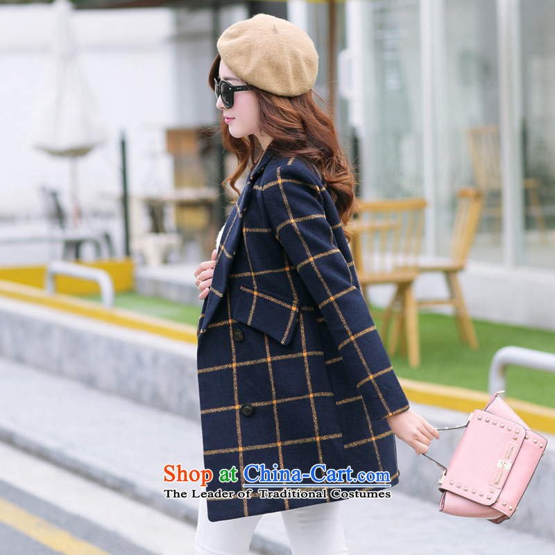  The Korean version of the 2015 autumn OVBE winter clothing New England, Sau San latticed lapel coats and stylish look like this gross in long jacket, blue of the female L,ovbe,,, shopping on the Internet