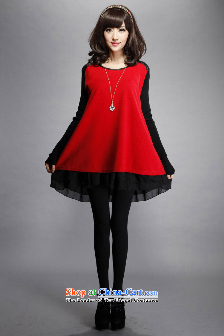 Create the  2015 autumn billion new Korean version of large numbers of ladies loose video thin chiffon stitching long-sleeved round-neck collar dresses red XL Photo, prices, brand platters! The elections are supplied in the national character of distribution, so action, buy now enjoy more preferential! As soon as possible.