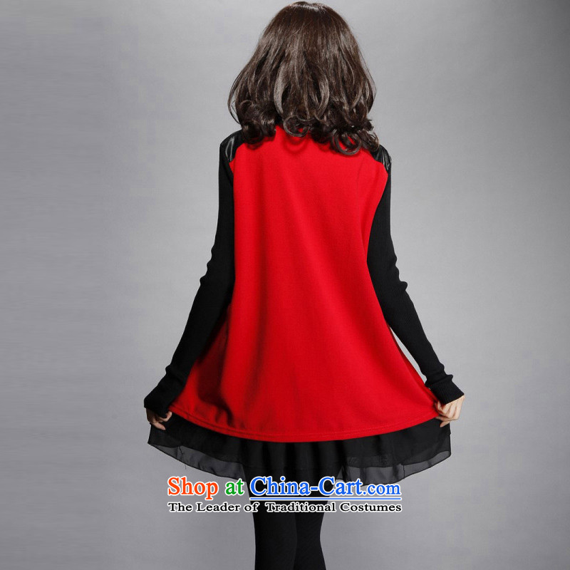 Create the  2015 autumn billion new Korean version of large numbers of ladies loose video thin chiffon stitching long-sleeved round-neck collar dresses red XL, billion gymnastics shopping on the Internet has been pressed.