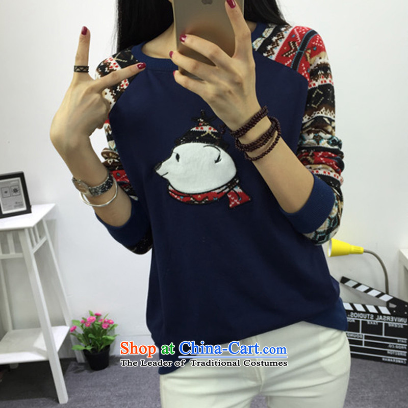 Create the  2015 autumn billion new Korean round-neck collar long-sleeved stylish ethnic embroidery polar bears stitching forming the Netherlands Sweater Blue M