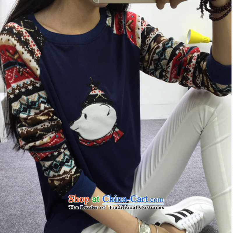 Create the  2015 autumn billion new Korean round-neck collar long-sleeved stylish ethnic embroidery polar bears stitching forming the shirt , blue sweater billion gymnastics shopping on the Internet has been pressed.