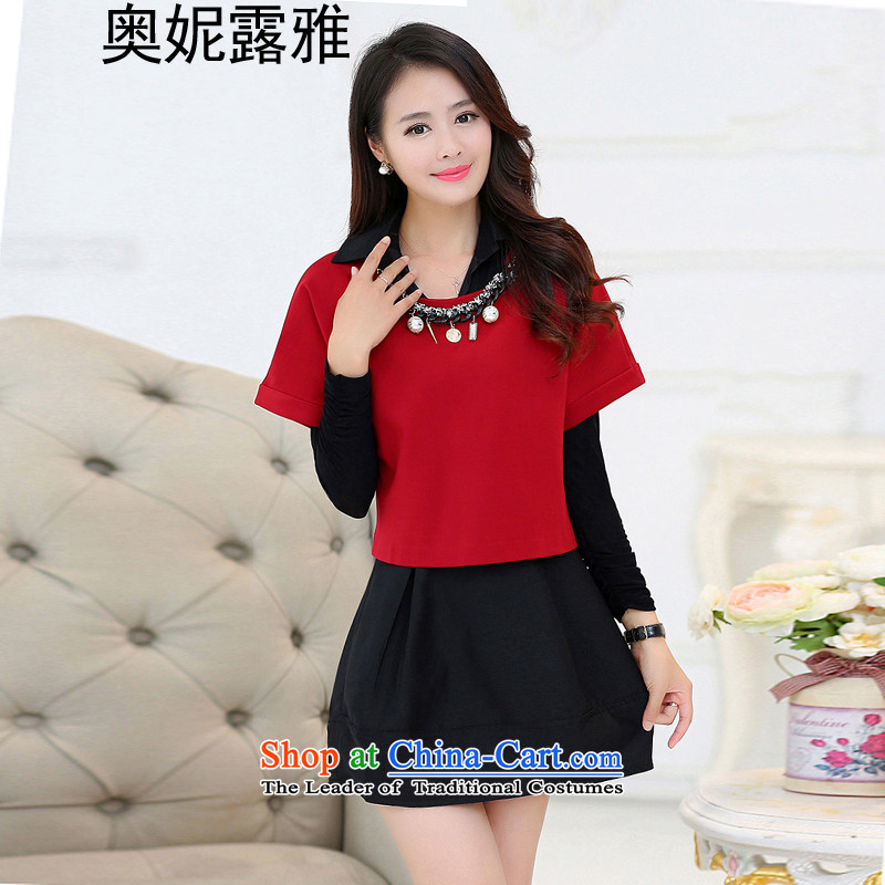 Mr. Ni Terrace Nga  2015 Autumn on large female two-piece small incense wind dresses T111 Red   4XL