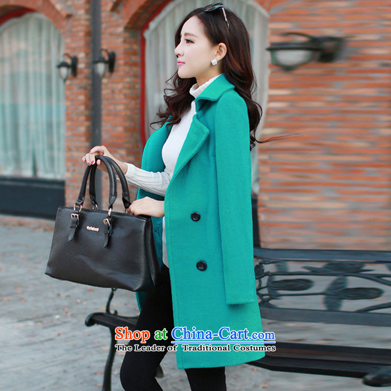 2015 Fall/Winter Collections Korean citizenry Stylish coat Sau San simple Western business suits in long-sleeved long double-coats female green gross? , L, to xiangzuo (shopping on the Internet has been pressed)